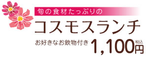 旬の食材たっぷりのコスモスランチお好きなお飲物付き1000円（ランチのみ800円）